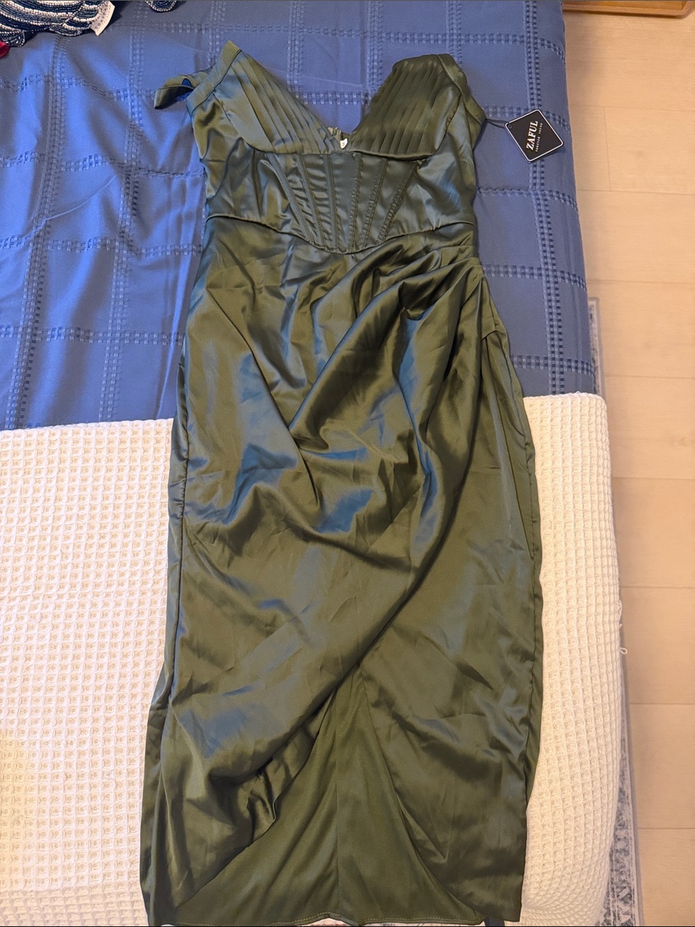 Zaful Olive Green Satin Midi Dress